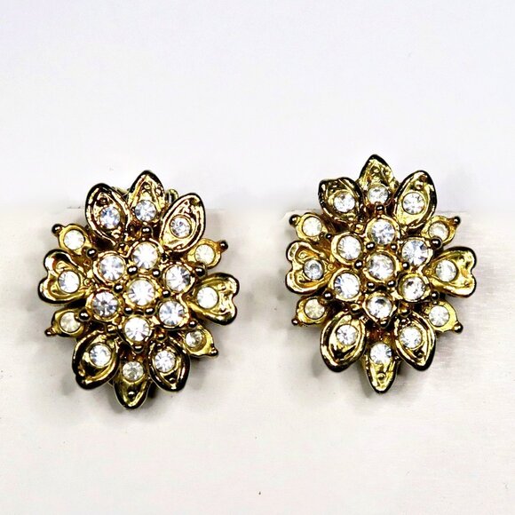 1960s-70s Gold-Tone Floral Rhinestone Clip-On Earrings Statement Jewelry - Picture 2 of 6